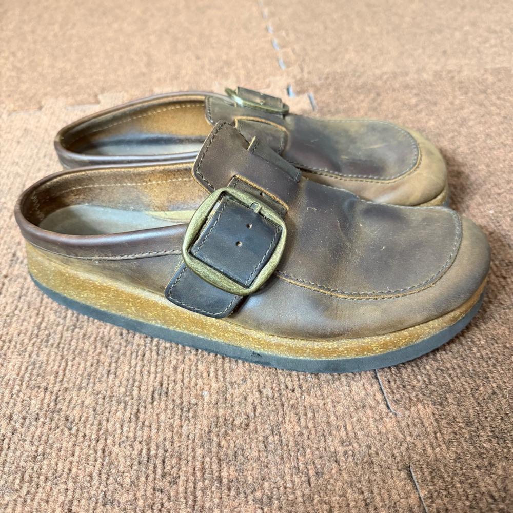 B+ comfy White Mountain Footbeds Mens Brown Leather Buckle Clogs Mules Size 10.5